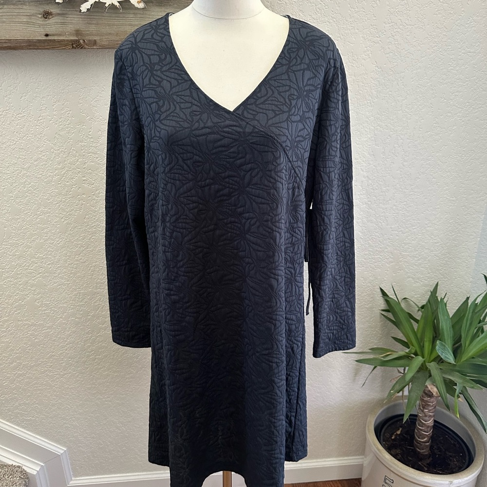 Sahalie Dark blue textured V-Neck Long Sleeve faux wrap Dress size XL
